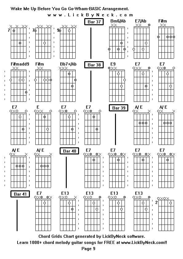 Chord Grids Chart of chord melody fingerstyle guitar song-Wake Me Up Before You Go Go-Wham-BASIC Arrangement,generated by LickByNeck software.